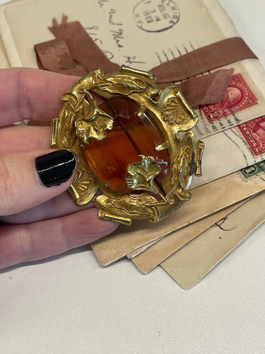 1940’s Czech Glass Amber and Gold Brooch Bloomers and Frocks